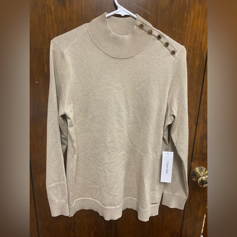 NWT Calvin Klein Beige & Gold Shimmer Sweater High Neck Pullover Women Size M